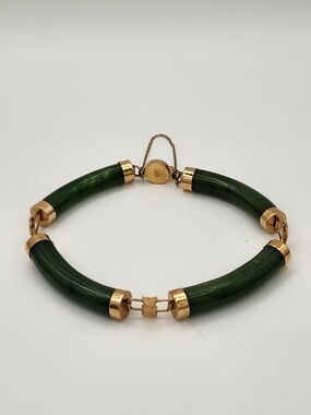 Vintage 14K Gold Green Jade Tube Bracelet 8" Safety Chain